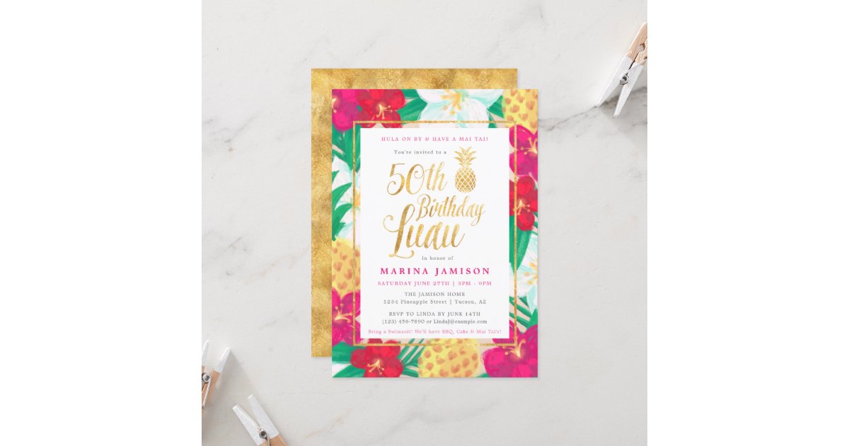 Gold 50th Birthday Luau Party Invitations 