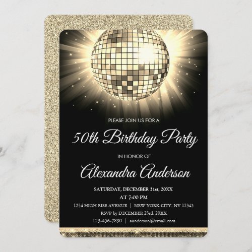 Gold 50th Birthday Party 70s Disco Ball Invitation
