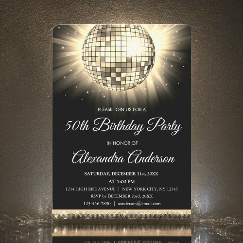 Gold 50th Birthday Party 70s Disco Ball Invitation