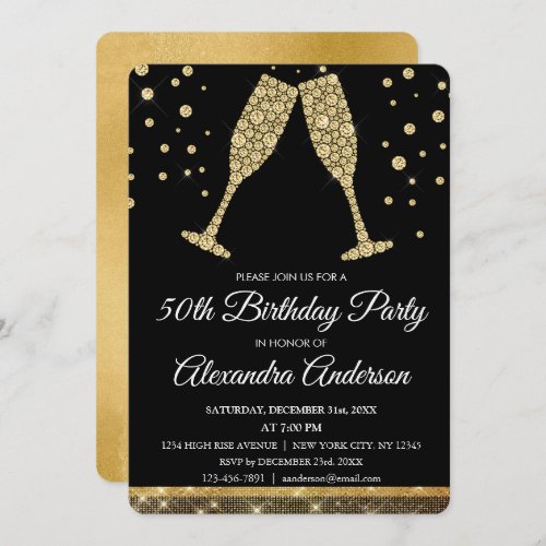 Gold 50th Birthday Party Diamond Champagne Glass Invitation