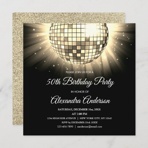 Gold 50th Birthday Party Disco Ball Invitation