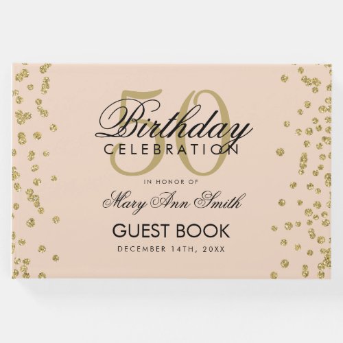 Gold 50th Birthday Party Glitter Confetti Blush Guest Book