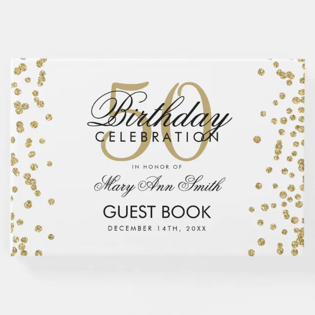 Gold 50th Birthday Party Glitter Confetti Guest Book | Zazzle