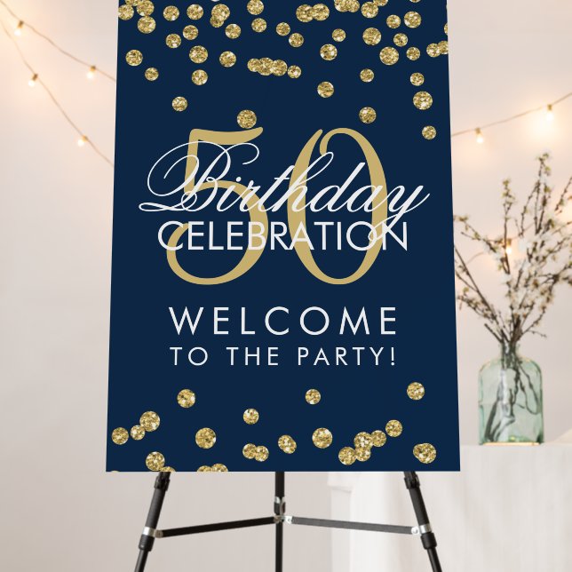 Gold 50th Birthday Party Glitter Confetti Navy  Foam Board (In Situ (Stand))