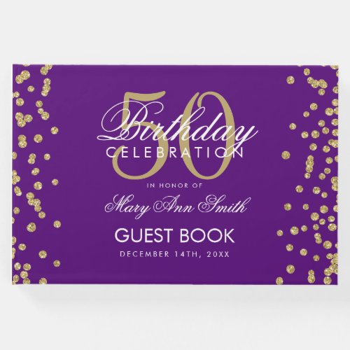 Gold 50th Birthday Party Glitter Confetti Purple Guest Book