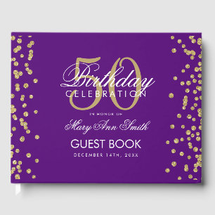 Gold 50th Birthday Party Glitter Confetti Purple Guest Book