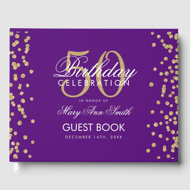 Gold 50th Birthday Party Glitter Confetti Purple Guest Book (Front)