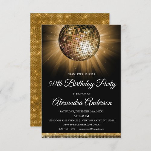 Gold 50th Birthday Party Gold Disco Ball Invitation