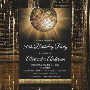 Gold 50th Birthday Party Gold Disco Ball Invitation