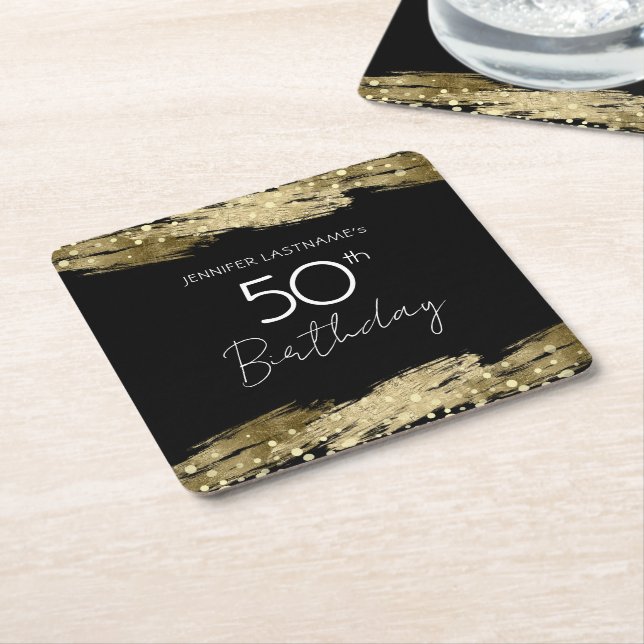 Gold 50th Birthday Party Square Paper Coaster (Angled)