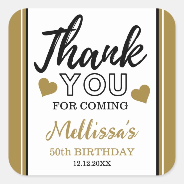 Gold 50th Birthday Party Thank You Favors Square Sticker (Front)