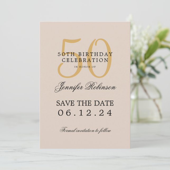 Gold 50th Birthday Save Date w/ Details Champagne Invitation (Standing Front)
