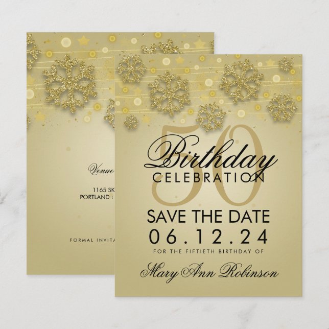 Gold 50th Birthday Save Date Winter Invitation (Front/Back)