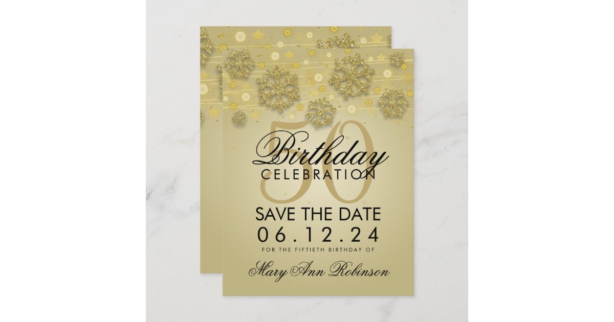 Gold 50th Birthday Save Date Winter Invitation 