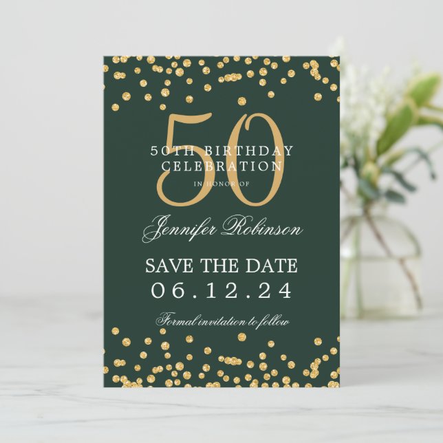 Gold 50th Birthday Save the Date Confetti Green Invitation (Standing Front)