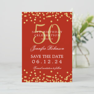 Gold 50th Birthday Save the Date Confetti Red  Invitation