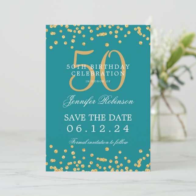 Gold 50th Birthday Save the Date Confetti Teal  Invitation (Standing Front)