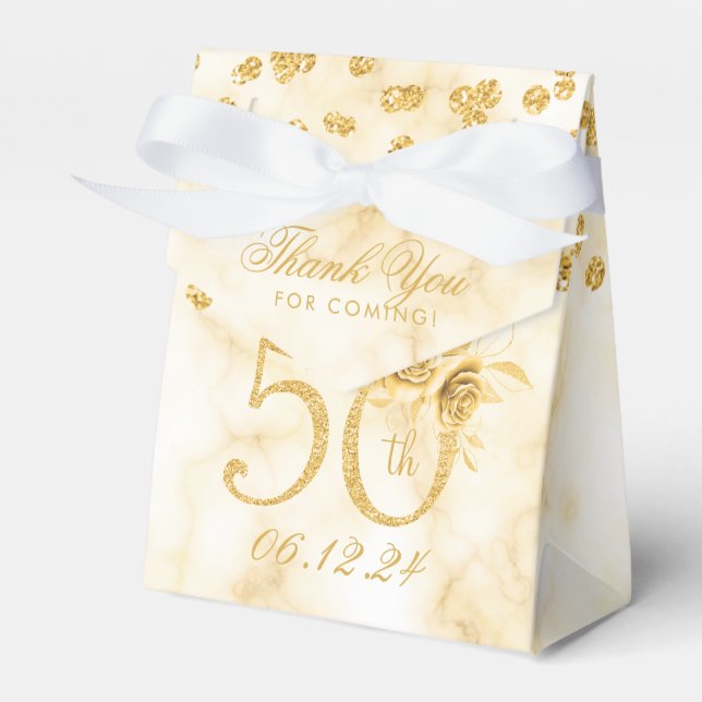 Gold 50th Birthday Thank You Floral Modern Marble  Favor Boxes (Front Side)
