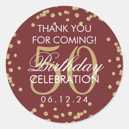 Gold 50th Birthday Thank You Glitter Confetti Classic Round Sticker