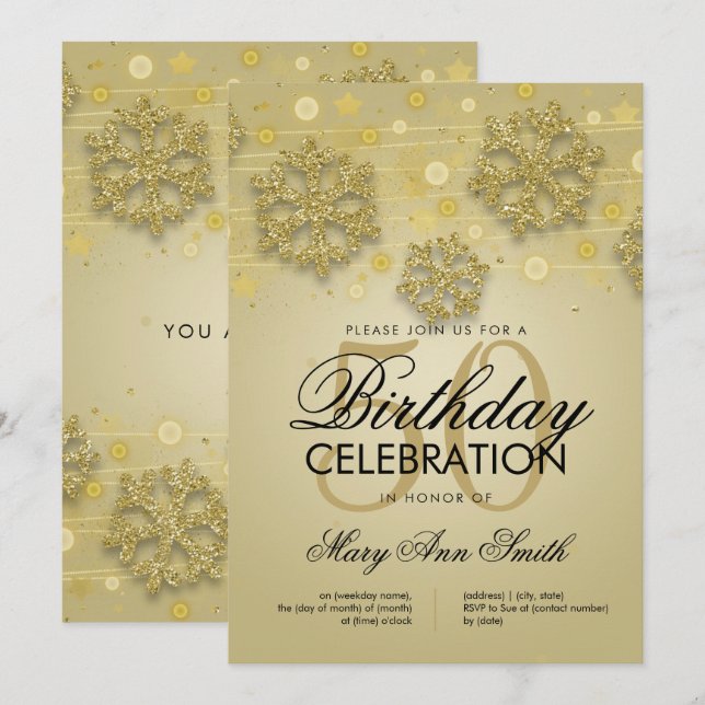 Gold 50th Birthday Winter Glitter Glam Invitation (Front/Back)