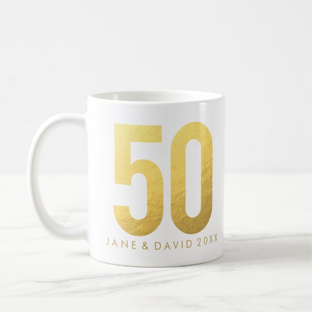 Gold 50th Day, Month, Year, Personalized White Mug (Left)