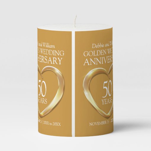 Gold 50th Golden Wedding Anniversary Heart Custom Pillar Candle Zazzle