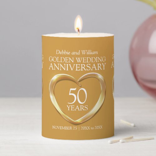 Gold 50th golden wedding anniversary heart custom pillar candle