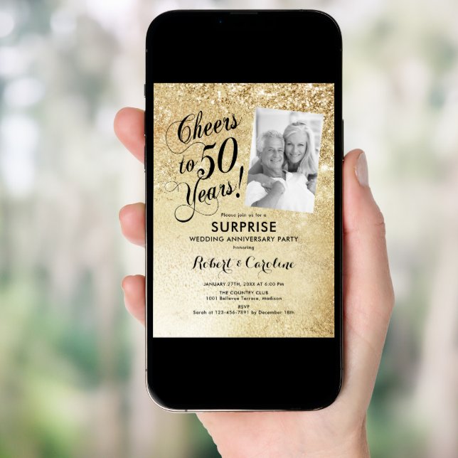 Gold 50th Surprise Wedding Anniversary Photo Invitation (Front Digital)