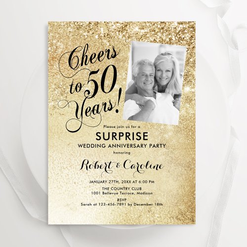 Gold 50th Surprise Wedding Anniversary Photo Invitation