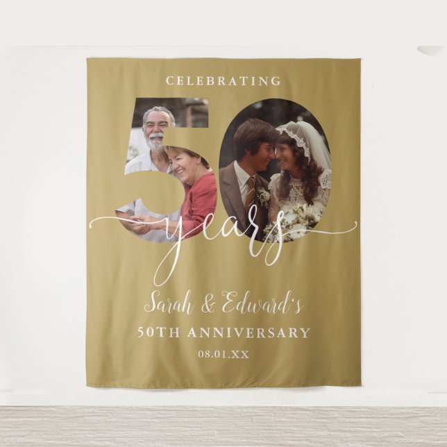 Gold 50th Wedding Anniversary 2 Photo Backdrop (Front)