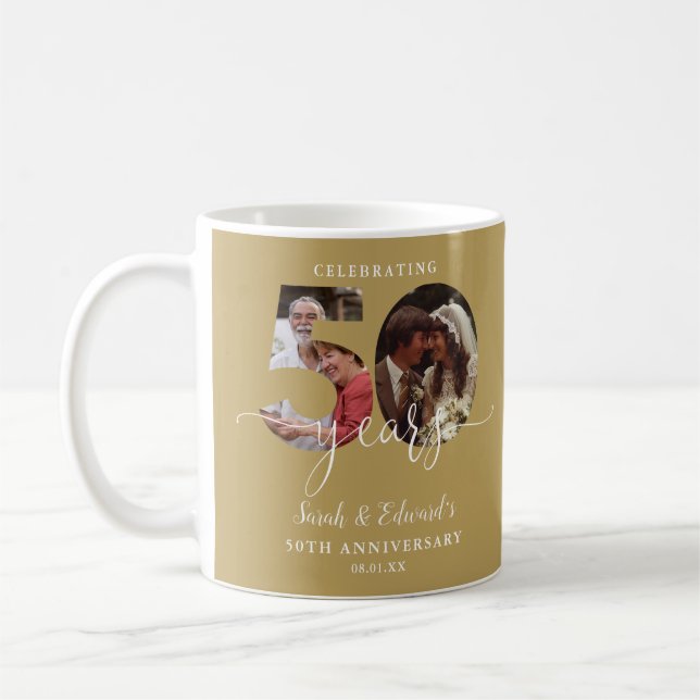 Gold 50th Wedding Anniversary  2 Photo Coffee Mug (Left)