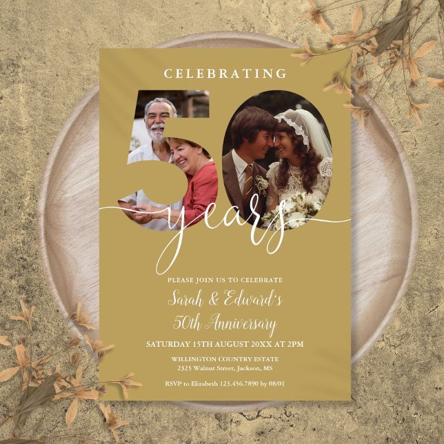 Gold 50th Wedding Anniversary 2 Photo Invitation (Gold 50th Wedding Anniversary 2 Photo Invitation)