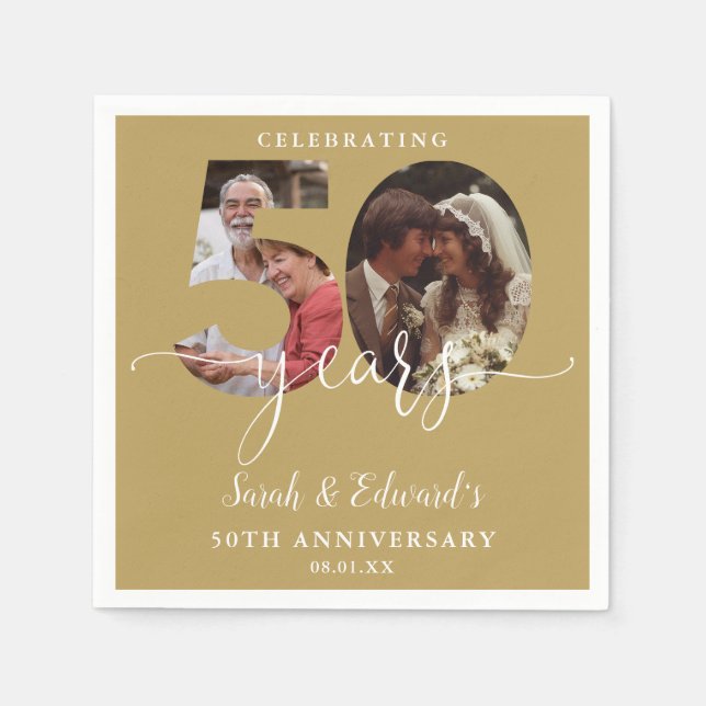 Gold 50th Wedding Anniversary 2 Photo Napkins (Front)