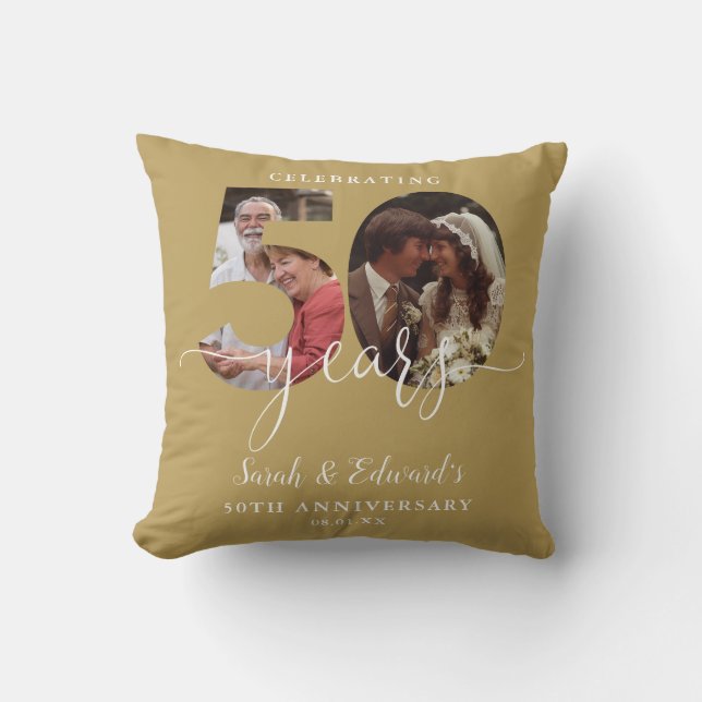 Gold 50th Wedding Anniversary 2 Photo Throw Pillow (Front)
