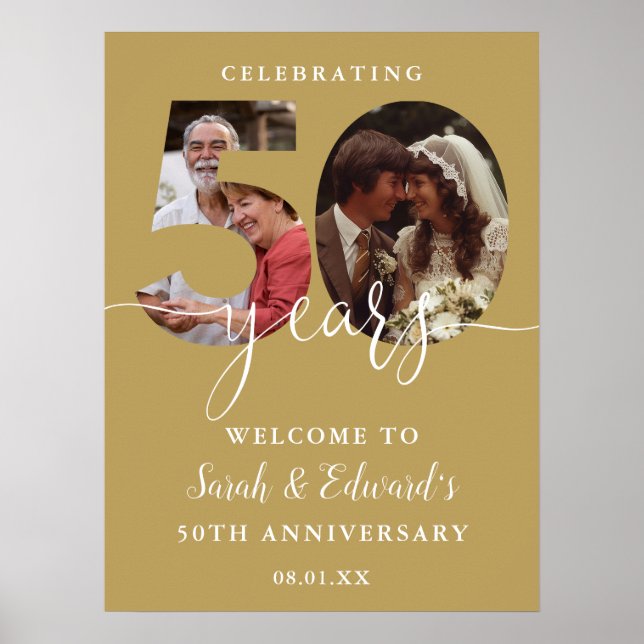 Gold 50th Wedding Anniversary 2 Photo Welcome Sign (Front)