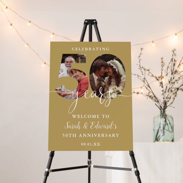 Gold 50th Wedding Anniversary 2 Photo Welcome Sign (In Situ (Stand))