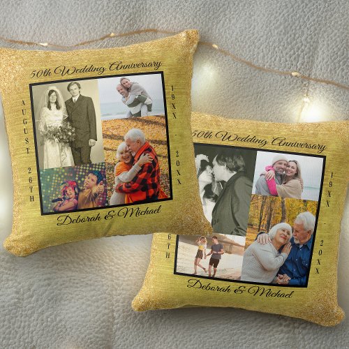 Gold 50th Wedding Anniversary 8 Photo Collage Throw Pillow