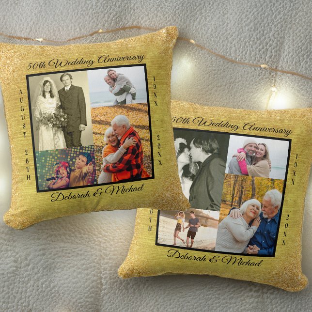 Gold 50th Wedding Anniversary 8 Photo Collage Throw Pillow (Double-sided photo pillow for golden wedding anniversary with 4 or 8 different photos)