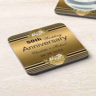Gold 50th Wedding Anniversary Beverage Coaster