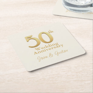 Gold 50th Wedding Anniversary   Champagne White Square Paper Coaster
