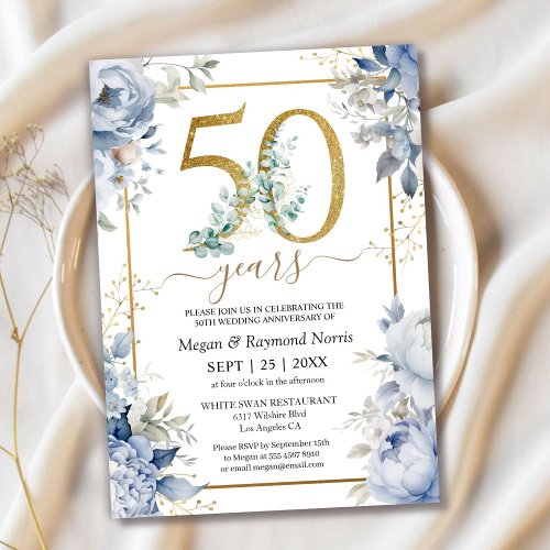 Gold 50th Wedding Anniversary Dusty Blue Floral Invitation