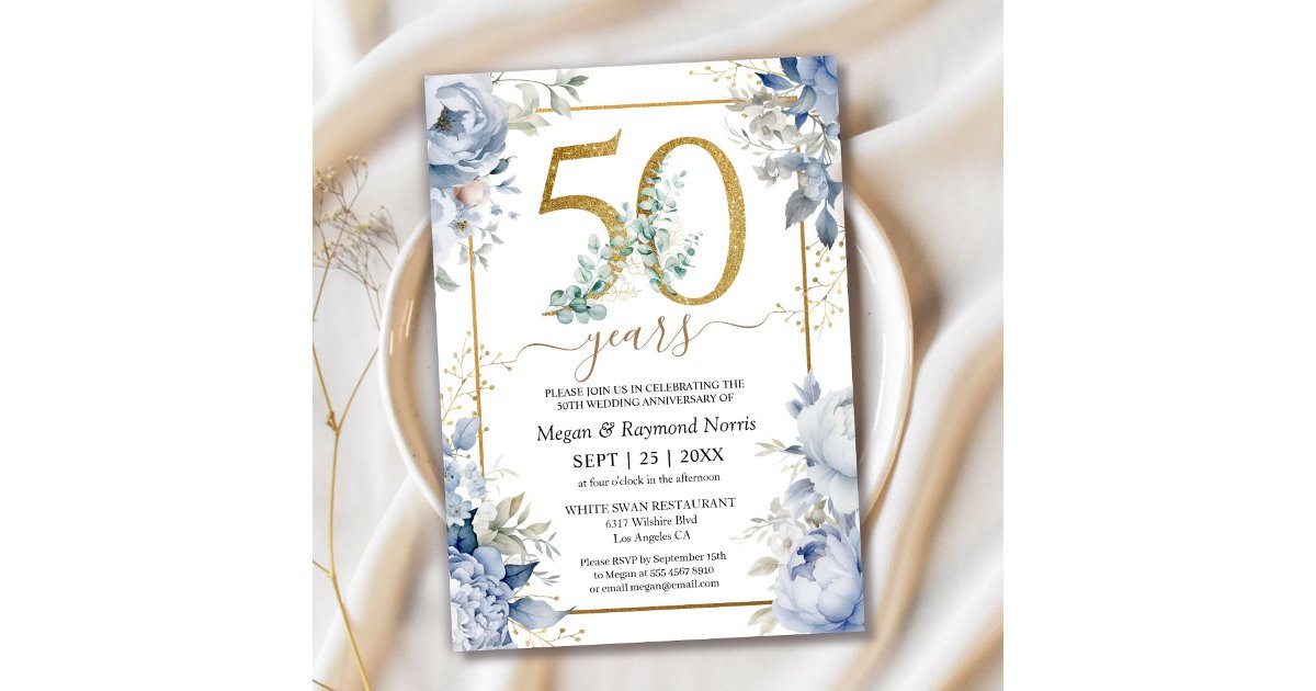 Gold 50th Wedding Anniversary Dusty Blue Floral Invitation | Zazzle