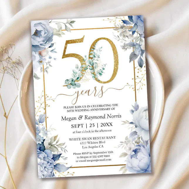 Gold 50th Wedding Anniversary Dusty Blue Floral Invitation | Zazzle