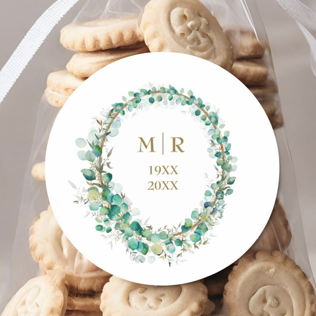 Gold 50th Wedding Anniversary Eucalyptus  Classic Round Sticker (Creator Uploaded)