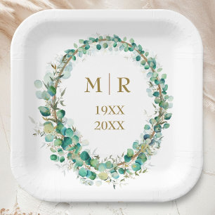 Gold 50th Wedding Anniversary Eucalyptus Floral Paper Plates