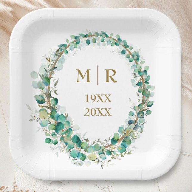 Gold 50th Wedding Anniversary Eucalyptus Floral Paper Plates (Creator Uploaded)