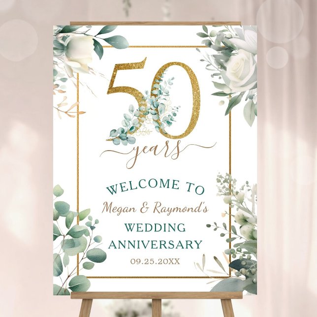 Gold 50th Wedding Anniversary Eucalyptus Welcome Foam Board (Creator Uploaded)