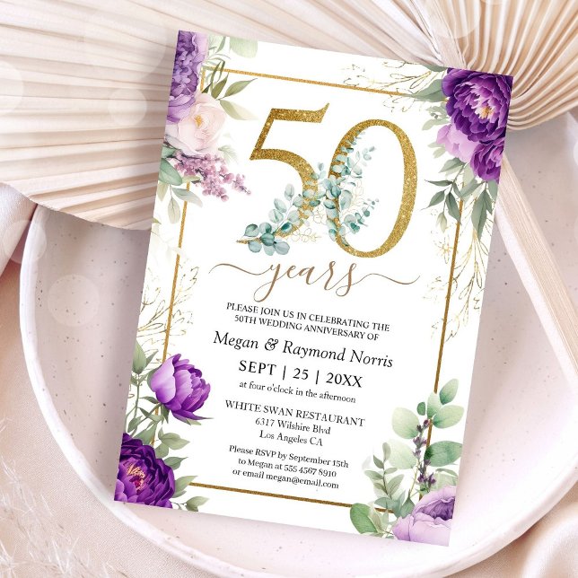 Gold 50th Wedding Anniversary Floral Purple Peony Invitation (Creator Uploaded)