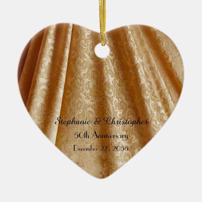 Gold 50th Wedding Anniversary Heart Shaped, Name,  Ceramic Ornament (Front)
