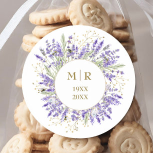 Gold 50th Wedding Anniversary Lavender Floral Classic Round Sticker